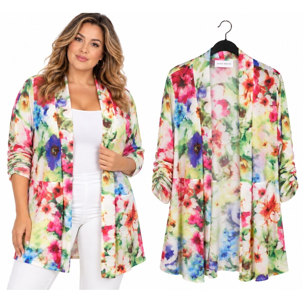 Susan Graver Floral Mesh Cardigan Size 2XP Watercolor Open Front Duster